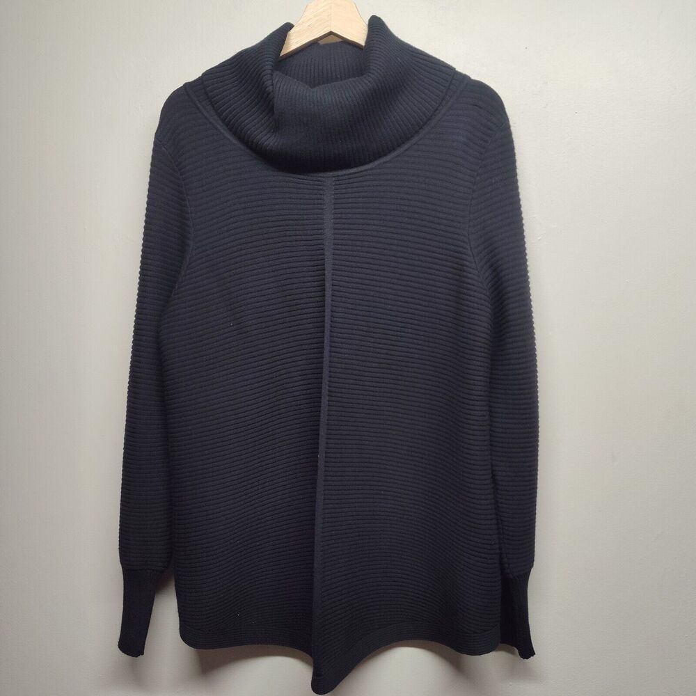 Pullover Knit Sweater Women L Black Ribbed Cowl Neck Preppy Modest Minimalist